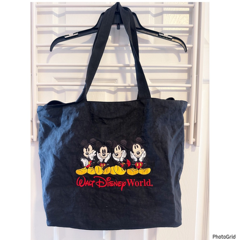 Vintage Walt Disney World Black Nylon Embroidered Mickey Mouse Zipper Tote Bag